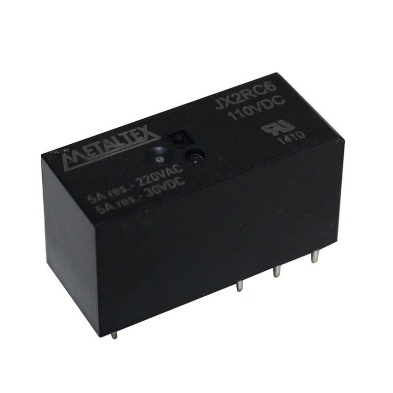 Relé miniatura de potencia, 2 contactos reversibles, bobina 110VCC, capacidad de 8A, terminales para PCI