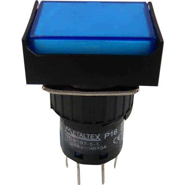 Pulsador iluminado 16mm rectangular S/ retencióncolor azul 24V-2 REV