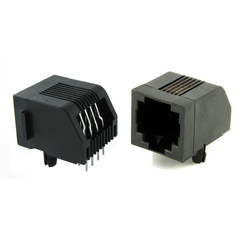 Conector modular jack 90 grados, 6P4C, negro, con ala