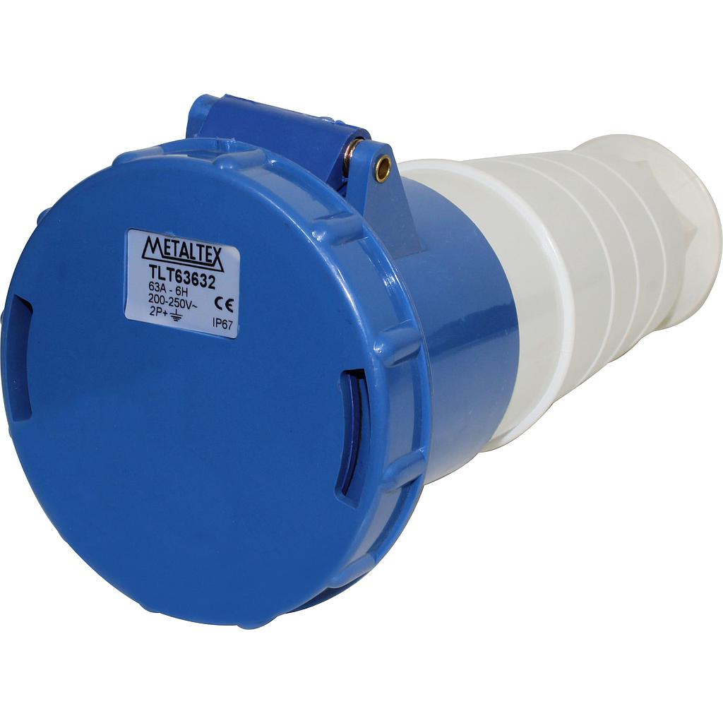 Enchufe Industrial Volante Hembra 63A 2P+T 6H Azul