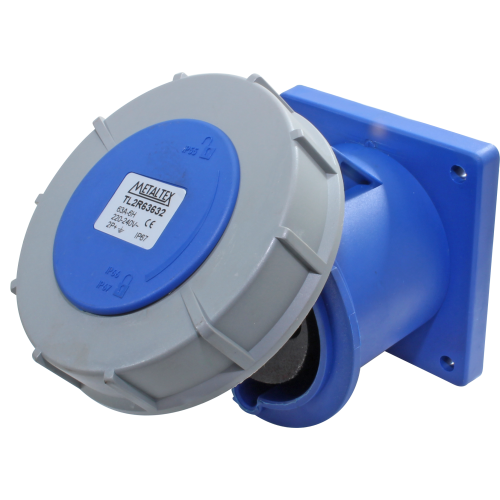 Enchufe Industrial Embutido Hembra 63A 2P+T 6H Azul