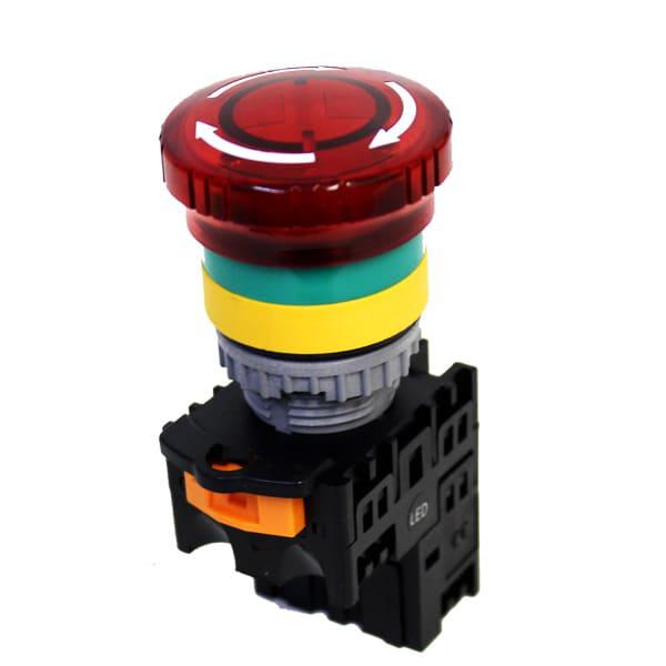 Botonera Emergencia 22mm con traba iluminado color rojo 220V-1NC
