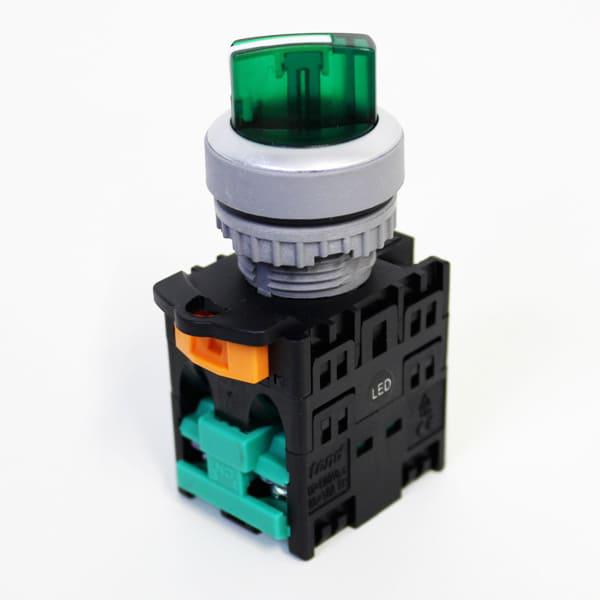 Llave selector plástica Iluminada Knob corto-3 posiciones fijo 45G verde 220V-2NA