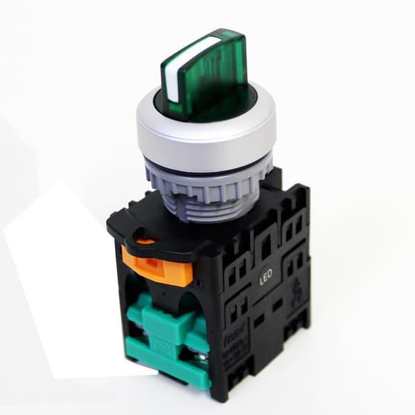 Llave selector plástica Iluminada Knob corto-3 posiciones fijo 45G verde 24V-2NA