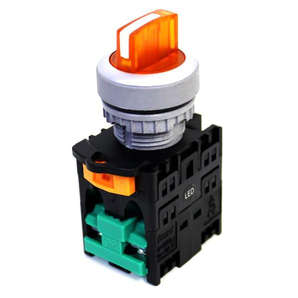 Llave selector plástica Iluminada Knob corto-3 posiciones fijo 45G-Naranja 24V-2NA