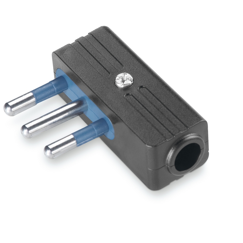 ENCHUFE MACHO VOLANTE 2P+T 10A   220-250V AC NEGRO LIBRE DE HALOGENO 90 grados