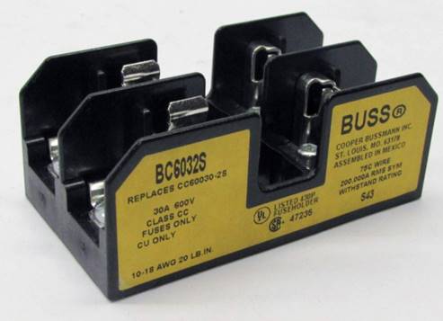 Bloque portafusibles 2 polos, clase CC, marca Bussmann 30A 600V max.