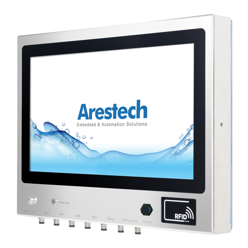 21.5" 16:9 (1920 x 1080), 250nits, Stainless Steel 316 Full IP66/69K Protection, Fanless Panel PC with Intel Core i3-7100U CPU, 5 Wire Resistive Touch, 4G RAM, 128G SSD, 1 USB 3.0, 2 USB 2.0, 1 RS232, 1 RS-232/422/485, 2 GbE, DC 9-36 V (M12 Connector), 1 IP67 Front USB 3.0, RFID Reader