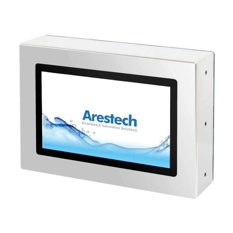 10.1" 16:9 (1280 x 800), 450nits, Stainless Steel 316 Full IP66/69K Protection, Fanless Panel PC with Intel Pentium N4200 CPU, Projected Capacitive Touch, 4G RAM, 64G SSD, 1 VGA, 2 USB 2.0, 1 RS-232/422/485, 1 GbE, DC 9-36V (M12 Connector)