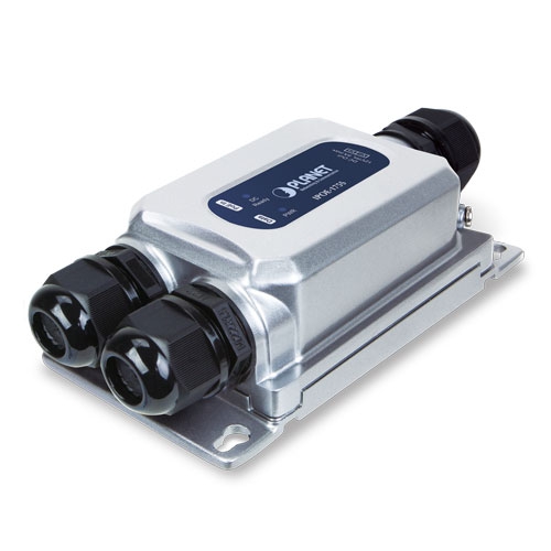 IP67-rated Industrial Single-port 10/100/1000T 802.3bt PoE++ Splitter – 12VDC (-40~75 degrees C, IK10 impact protection, 802.3bt type 3 PD, PoH compatible), 3 x waterproof cable glands included