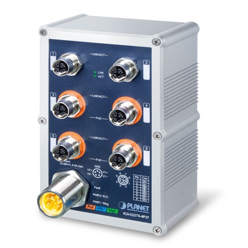 IP67-rated Industrial L2+ 4-Port 10/100/1000T M12 802.3at PoE + 2-Port 10/100/1000T M12 Managed Ethernet Switch(X-coded M12, -40~75 degrees C, Dual 12~56V DC power boost, ERPS Ring, 1588 TC, Modbus TCP, ONVIF, Cybersecurity features, IPv4/IPv6 Static Routing,  supports PLANET NMS controller MQTT)