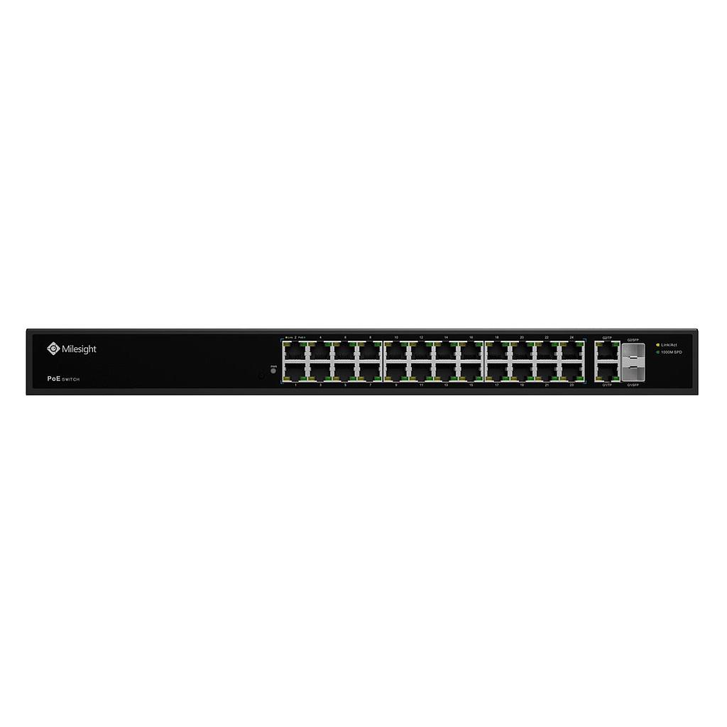 Switch PoE, 24 puertos PoE RJ45 10/100Mbps, 2 puertos uplink 1000Mbps, 2 puertos SFP 1000Mbps