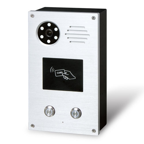 1080p SIP Vandalproof Door Phone with RFID and PoE: IETF SIP, 2 SIP Lines, 802.3af/at POE, H.264, 1080p@30fps, HD Voice, OpenVPN, STUN, TR069,  VLAN, SNMP, ONVIF, AEC, RFID, IR-3~5meter, Door locks switch relay, IP65, IK10, Tamperproof protection, -20~70 C.