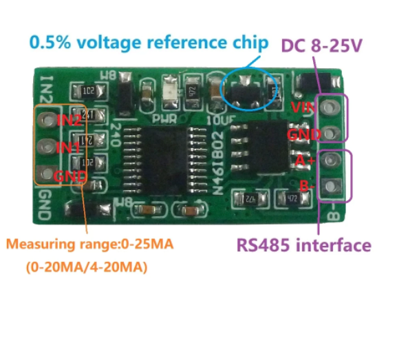 Módulo de adquisición analógica de corriente , ADC MODBUS RTU RS485, 4-20MA