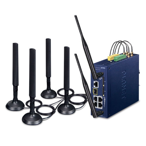 Industrial 5G NR Cellular Wireless Gateway with 1-Port 1000X SFP (Sub-6 5G NR Global Band, compatible with 4G LTE, 2 SIM Card Slots, 802.11ax 1800Mbps, 2.4GHz and 5GHz Dual Band concurrent, 4 10/100/1000T, 2 DI/DO, Dual DC 9~54V, -40~75 degrees C, SD-WAN automatically establishes a secure mesh VPN, Dual-WAN Failover and Load Balancing, High Availability, SSL VPN and robust hybrid VPN (IPSec/GRE/PPTP/L2TP), SPI Firewall, DoS Attack Prevention, Cyber Security, IPv6, SNMP, PLANET Easy-DDNS,  AP Controller, Captive Portal, RADIUS, Modus TCP)