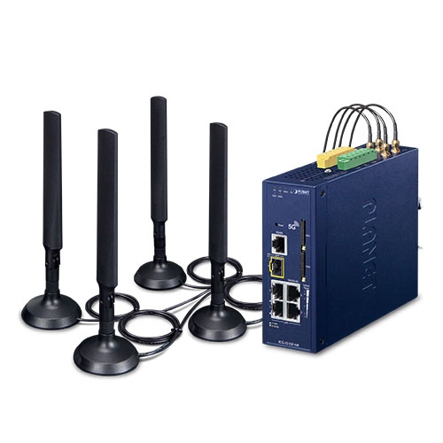 Industrial 5G NR Cellular Gateway with 1-Port 1000X SFP (Sub-6 5G NR Global Band, compatible with 4G LTE, 2 SIM Card Slots, 4 10/100/1000T, 2 DI/DO, Dual DC 9~54V, -40~75 degrees C, SD-WAN automatically establishes a secure mesh VPN,Dual-WAN Failover and Load Balancing, High Availability, SSL VPN and robust hybrid VPN (IPSec/GRE/PPTP/L2TP), SPI Firewall, DoS Attack Prevention, Cyber Security, IPv6, SNMP, PLANET Easy-DDNS,  AP Controller, Captive Portal, RADIUS)
