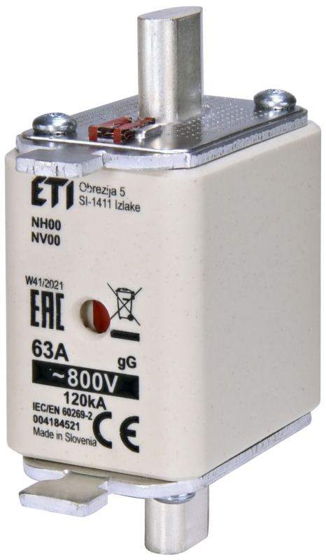 Fusible 63A 800V AC tamaño NH00 curva gG