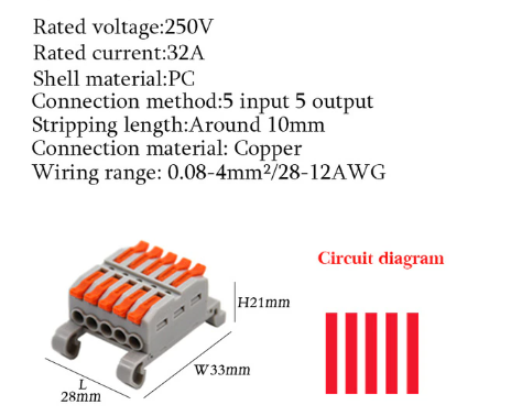 Conector tipo Wago 5 Pines entrada y 5 salida naranjo Riel DIN