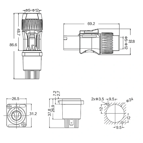Conector Serie YF-24 Macho 3 Pines Plug con tornillos CNLINKO