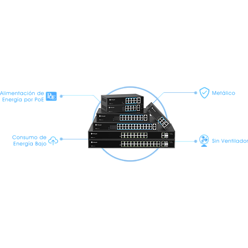 Switch PoE, 24 puertos PoE RJ45 10/100Mbps, 2 puertos uplink 1000Mbps, 2 puertos SFP 1000Mbps