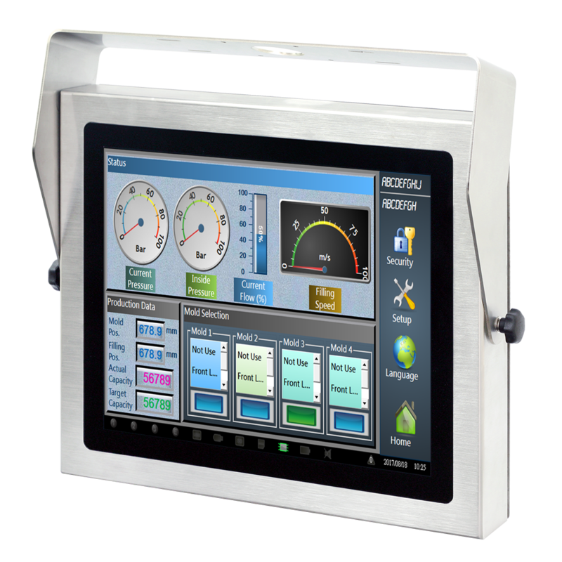 17" 4:3 (1280 x 1024), 350 nits, Stainless Steel 316 Full IP66/69K Protection, with Projected capacitive touch screen, USB interface,1 VGA, 1 USB, DC 12~24V, M12 connector