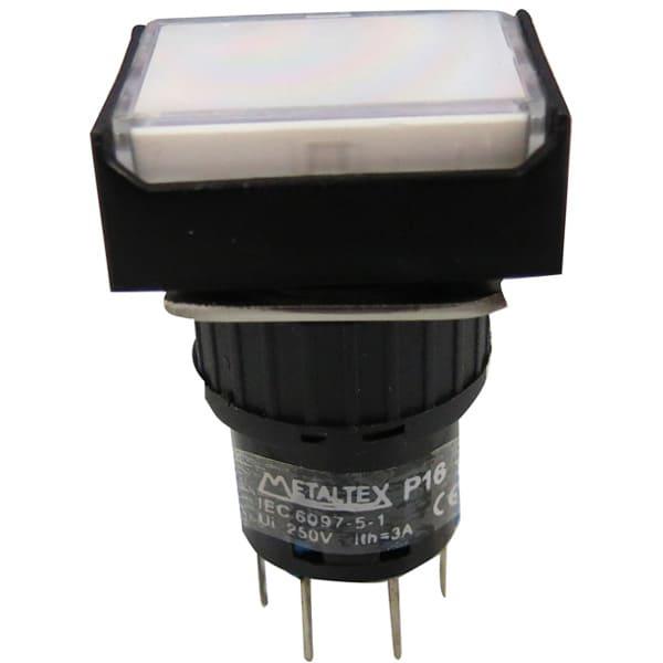 Pulsador iluminado 16mm rectangular sin retención blanco 220V - 2 Inversores