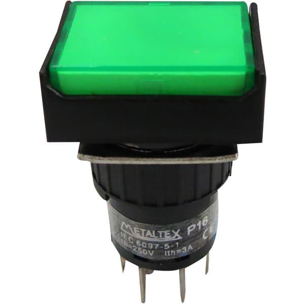 Pulsador iluminado 16mm rectangular sin retención verde 24V - 2 Inversores