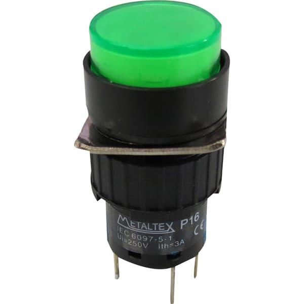 Pulsador iluminado 16mm redondo sin retención verde 220V - 1 Inversor