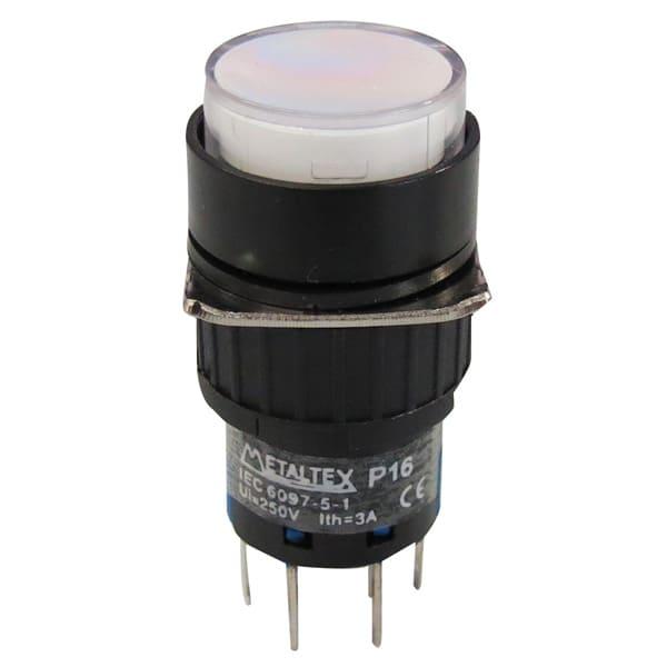 Pulsador iluminado 16mm redondo sin retención blanco 220V - 2 Inversores