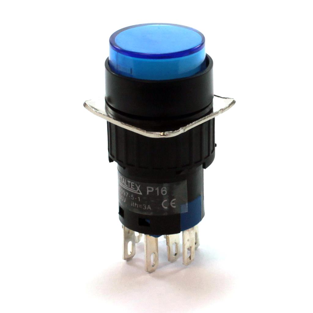 Pulsador iluminado 16mm redondo sin retención azul 24V - 2 Inversores