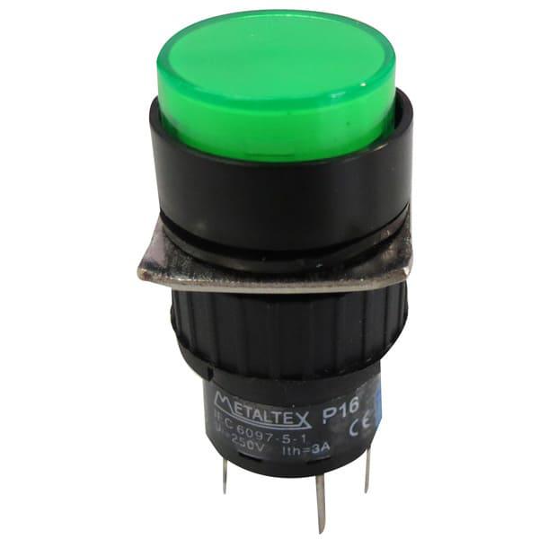 Pulsador iluminado 16mm redondo sin retención verde 24V - 1 Inversor