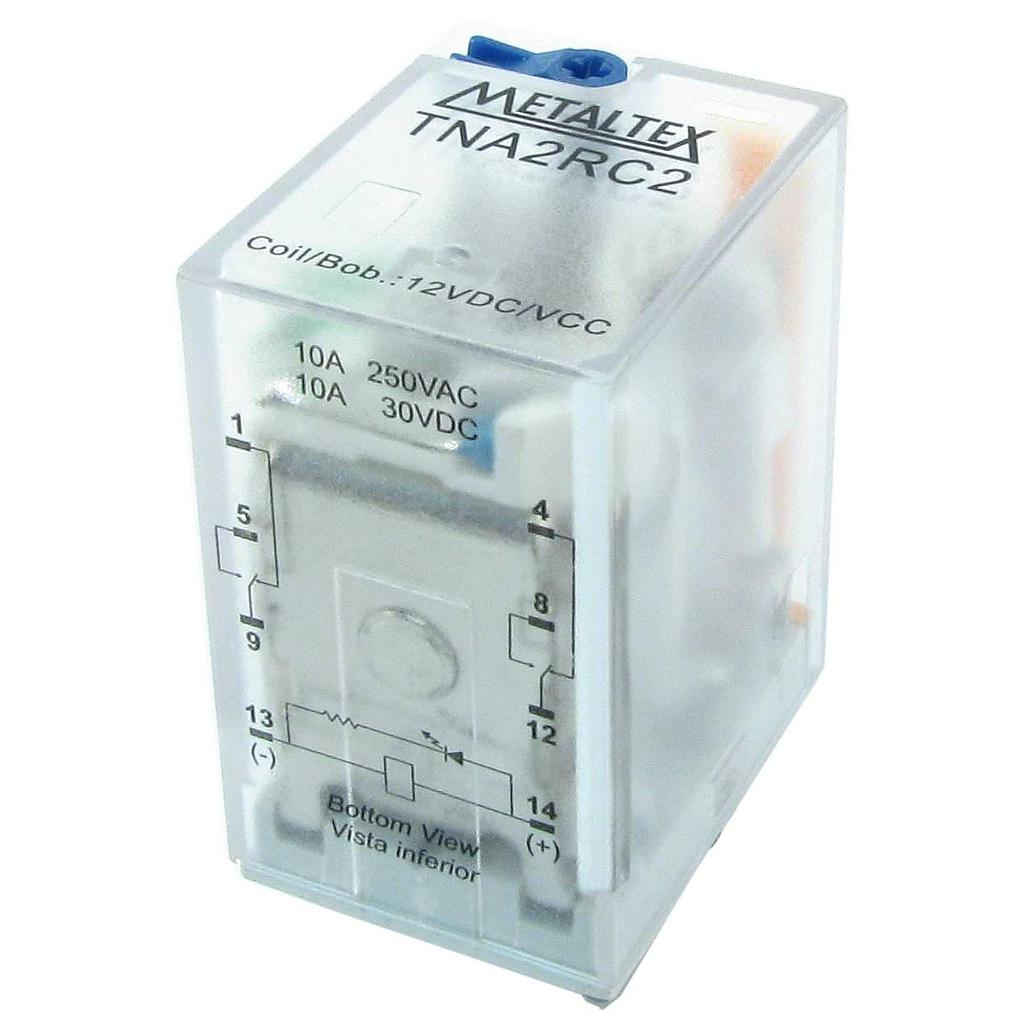 Relé subminiatura, 2 contactos reversibles, bobina 12VCC, 10A, con indicador LED