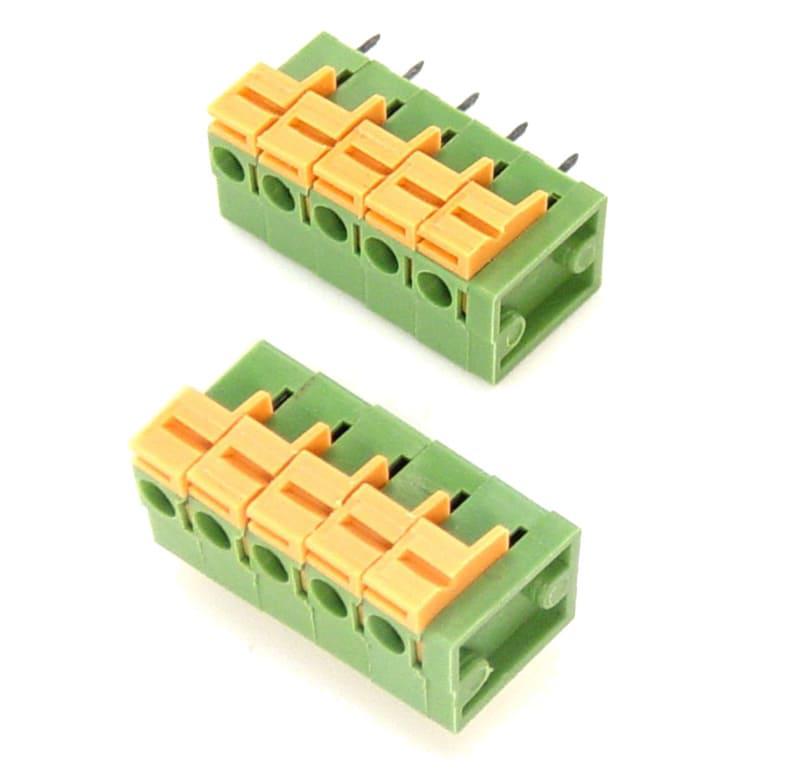 Borne para PCI, 4 pines, 180 grados, paso 5,08, altura de 14,1mm, conexión resorte, verde con Actuador naranjo