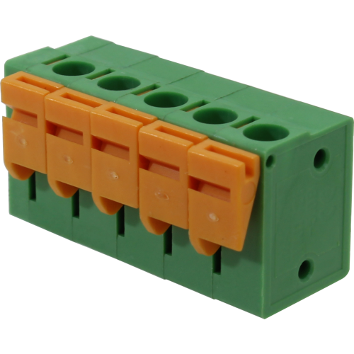 Borne para PCI, 5 pines, 90 malla de protección, paso 5,08, altura de 14,1mm, conexión resorte, verde con Actuador naranjo