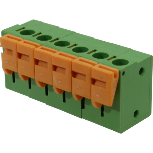 Borne para PCI, 6 pines, 90 malla de protección, paso 5,08, altura de 14,1mm, conexión resorte, verde con Actuador naranjo