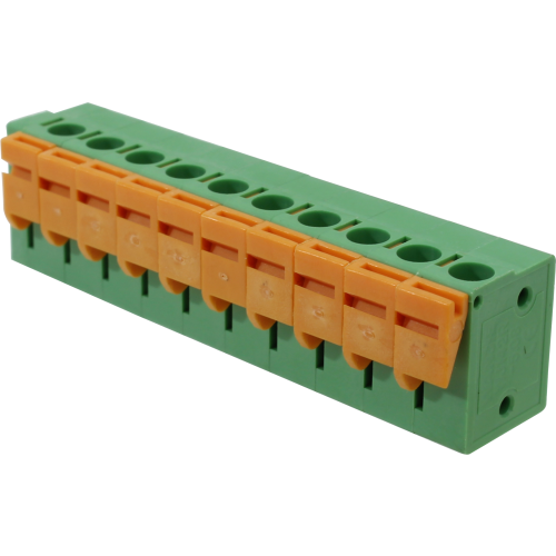 Borne para PCI, 10 pines, 90 malla de protección, paso 5,08, altura de 14,1mm, conexión resorte, verde con Actuador naranjo