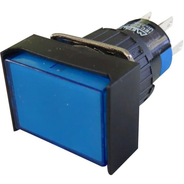 Pulsador iluminado 16mm rectangular c/ retencióncolor azul 220V-2 REV