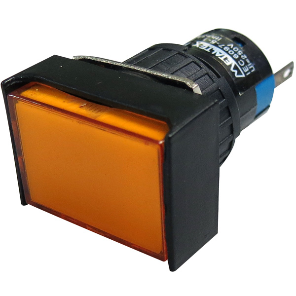 Pulsador iluminado 16mm cuadrado c/ retención color naranjo 220V-2 REV