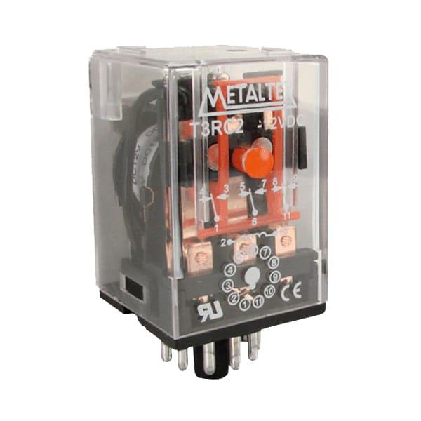 Relé industrial plug-in, 3 contactos reversibles, bobina 12VCC, 10A, 11 pines