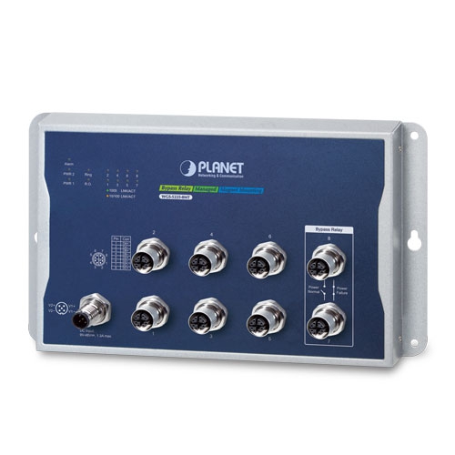 IP40, IPv6/IPv4 Industrial L2+ 8-Port 10/100/1000T M12 Wall-mount Managed Switch(-40~75 degrees C, X-coded M12, Relay Bypass function with two M12 ports, dual power input 9-48VDC, ERPS Ring, 1588 TC, Modbus TCP, Cybersecurity features, IPv4/IPv6 Static Routing,  supports PLANET NMS controller MQTT)