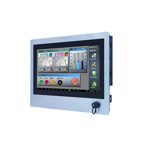 15" 16:9 (1366 x 768), 300 nits, Stainless Steel 316 IP65 front panel, with Projected capacitive touch screen, Front End IP66 USB connector, 1 VGA, 1 DP, 1 HDMI, USB interface, DC 12~24V, Phoenix connector