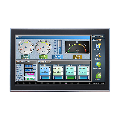 18.5" 16:9 (1366 x 768), 250nits, Fanless Panel PC with Intel Core i5-4300U CPU, Projected Capacitive Touch, 4 USB 3.0, 2 RS-232, 2 RS-232/422/485, 8-bit DIO, Line out, Mic in, 2 GbE, 2 HDMI, DC 9-36 V, Phoenix Connector