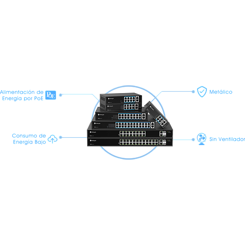 Switch PoE, 16 puertos PoE RJ45 10/100Mbps, 2 puertos uplink 1000Mbps, 2 puertos SFP 1000Mbps